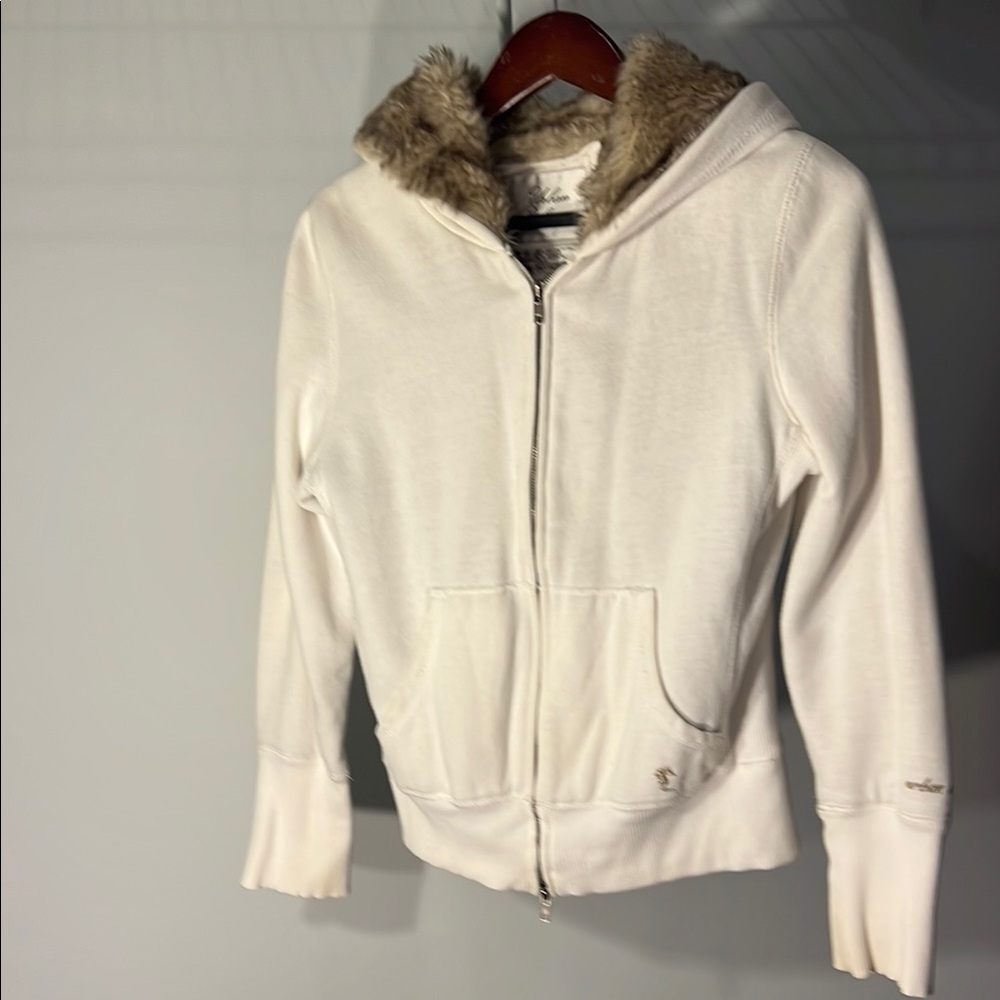 Urban Behavior White Hooded Jacket with Faux Fur Trim